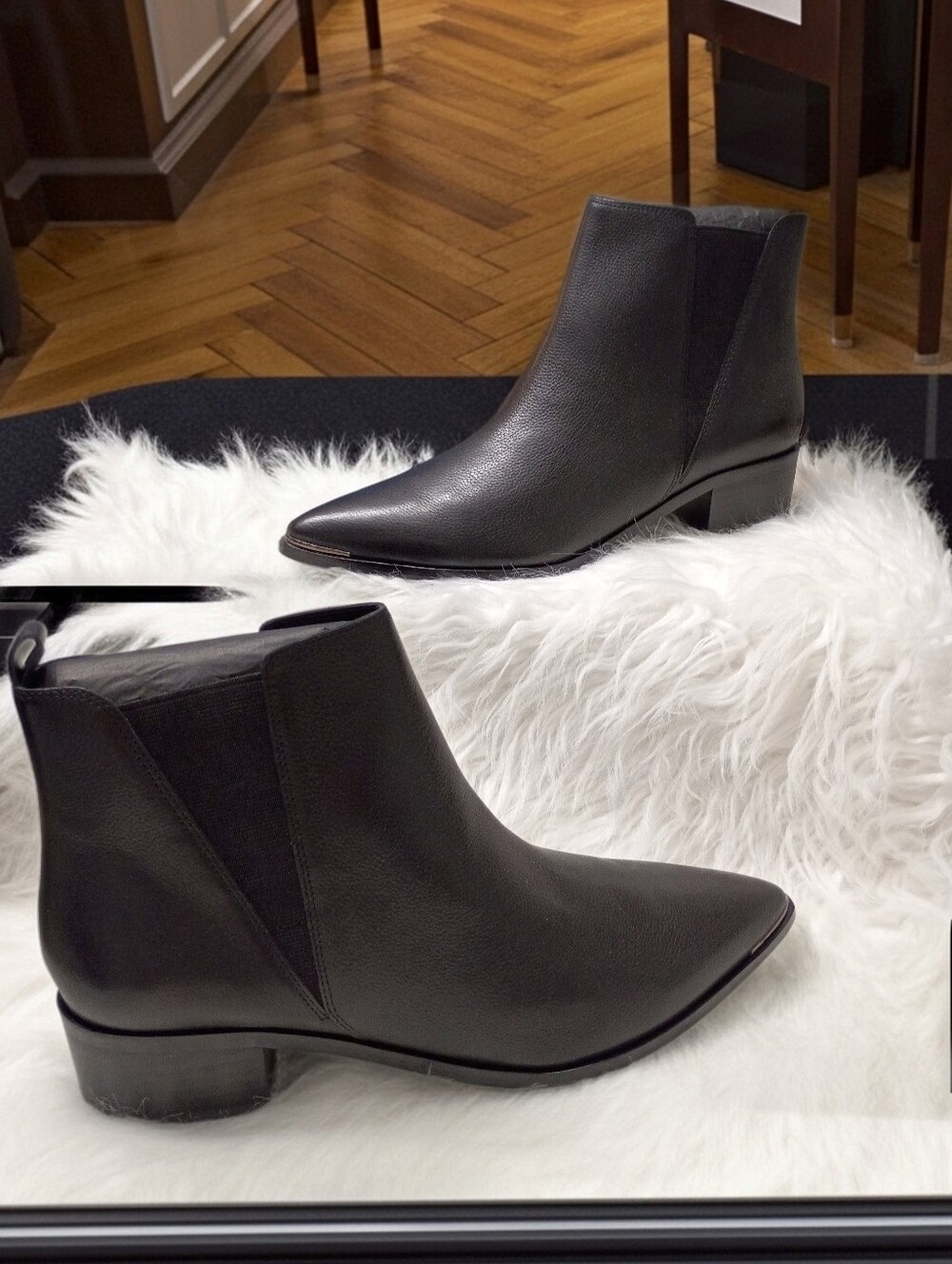 Marc Fischer Yale Black Leather Pointed-Toe Chelsea Ankle Boots Silver Toecap